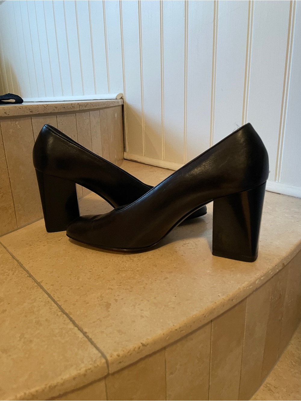 Robert Clergerie Classic Black Leather Block Heel Pumps